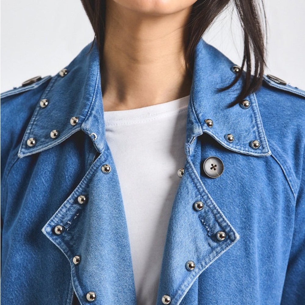 Freda Salvador Long Denim Trench NWT S Oversized Statement Coat - Picture 5 of 8